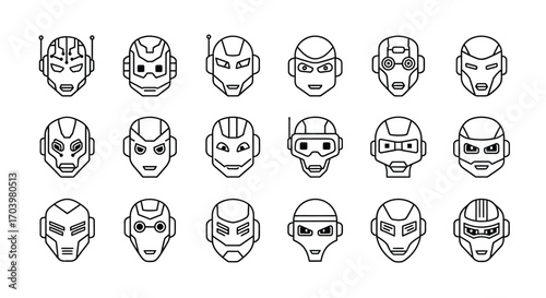 Collection of futuristic robotic scifi helmet character face designs for concept art and games vector