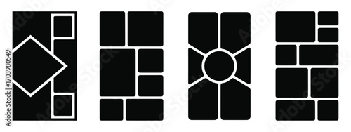 Image Collage Layout Template Set in Black Mosaic Style. Mood Board Grid Collection for Photo Album, Memory Wall, Poster, Banner, Mockup, Flyer, and Brochure Design.