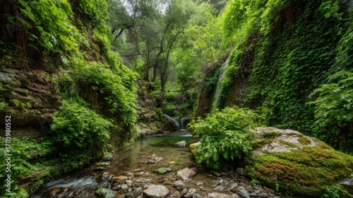 A peaceful waterfall cascades down rocky terrain, surrounded by abundant green foliage and trees. Gentle water flows into a calm pool, creating a serene atmosphere in the forest.