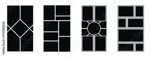 Collage Layout Template Collection in Black Mosaic Grid Style. Picture Composition Ideas for Posters, Banners, Brochures, Flyers, Photo Albums, and Memory Wall Projects. Vector Format EPS.