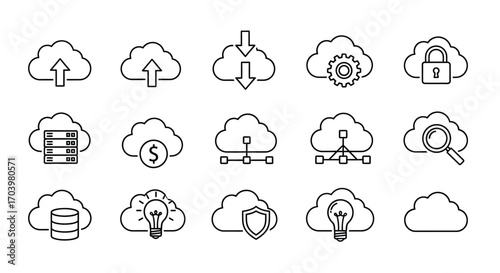 Cloud computing icons collection data storage security and internet technology concepts hand drawn style vector