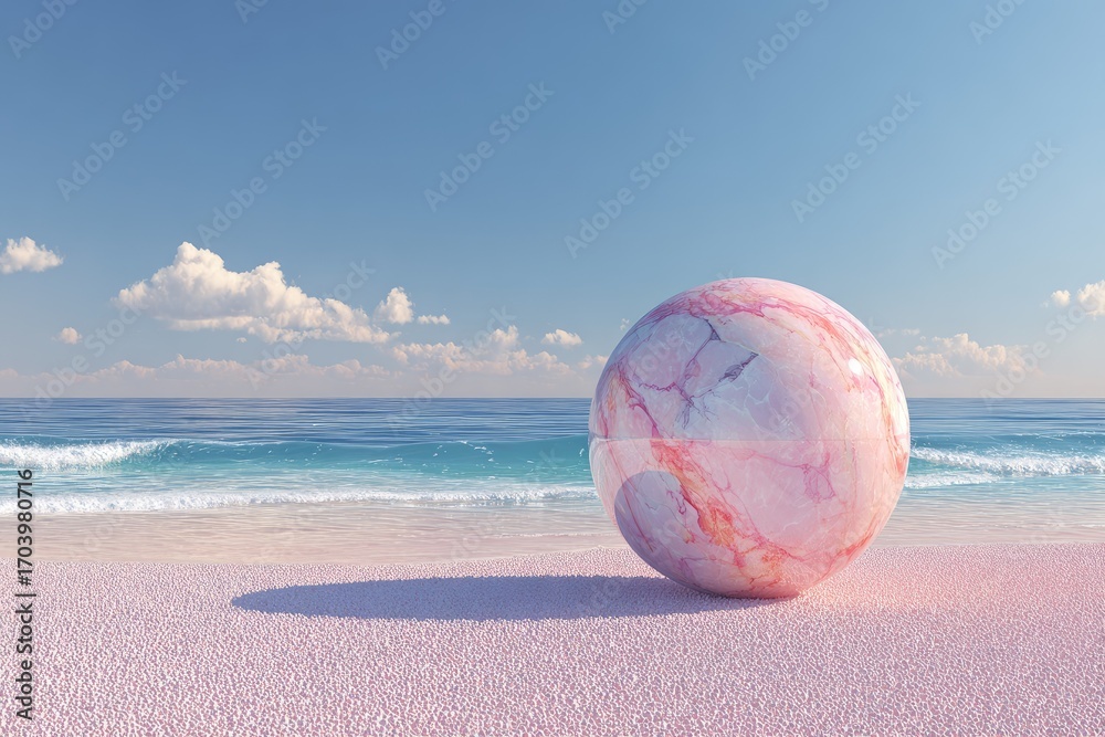Obraz premium Pink marble sphere on a pink sandy beach. Vast ocean, light blue sky and fluffy white clouds complete the scene. 3D rendering