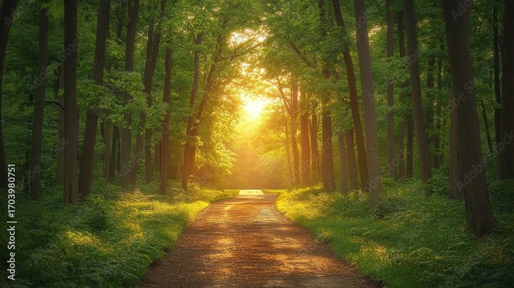 Fototapeta premium Sunlight streams through a verdant forest path