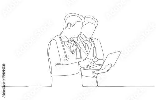 Continuous one line drawing of two doctors consulting and discussing information on laptop, symbolizing teamwork, collaboration in healthcare single line art.