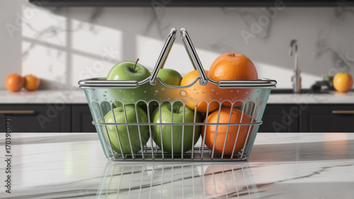 Still life photography of fresh apples and oranges in wire basket on kitchen countertop background image
