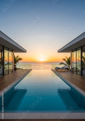 Serene infinity pool blending with ocean sunset at luxurious villa