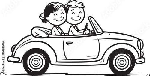 Couple in Convertible: A delightful cartoon captures a smiling couple enjoying a ride in a classic convertible car, symbolizing freedom and adventure. 