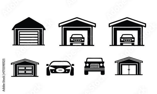 Garage icon. Sectional garage automatic gates. Black silhouette. Front view. Vector simple flat graphic illustration. Isolated object on white background. Isolate.