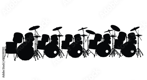 Silhouette of a professional drum kit arrangement multiple drum sets for music performance vector