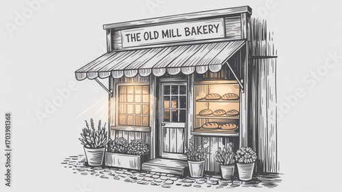 Old mill bakery shop front illustration vector drawing of vintage bakery store with bread and plants sketch