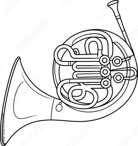 Hand-drawn French horn line art illustration, musical instrument sketch, brass wind coloring page for design, print, education, or music-themed projects.