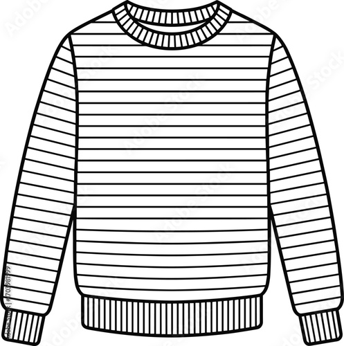 Striped sweater outline drawing, long sleeve winter clothing sketch in black and white for fashion design, coloring pages, textile, and apparel templates.