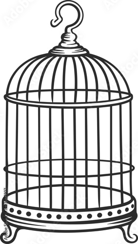Elegant vintage birdcage illustration, black and white hand-drawn decorative cage with curled hook and legs, ideal for design, craft, and artwork projects.
