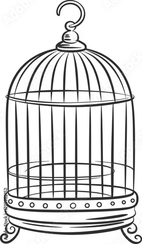 Vintage empty birdcage illustration, hand drawn decorative cage with ornate base and hook, black and white sketch for art, design, decor projects.