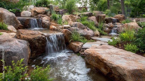 Nature-inspired garden fountain featuring a waterfall effect, set in a landscaped garden with large stones and natural vegetation.