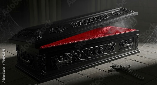 A slightly open ornate black coffin with red satin lining and a cross on the stone floor nearby