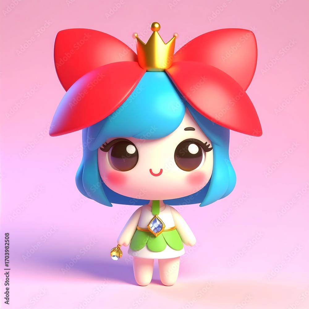 Fototapeta premium Cute princess, 3D render, pink background, digital art, children's book