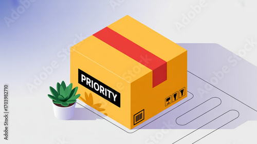 Priority shipping box delivery service with plant and isometric design for fast package delivery