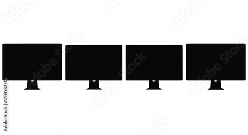 Four modern computer monitors arranged in a row on a vector