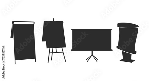 Silhouettes of presentation easels flip charts and projection screen for business meetings and education vector
