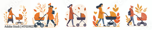 vector mother pushing baby carriage in autumn