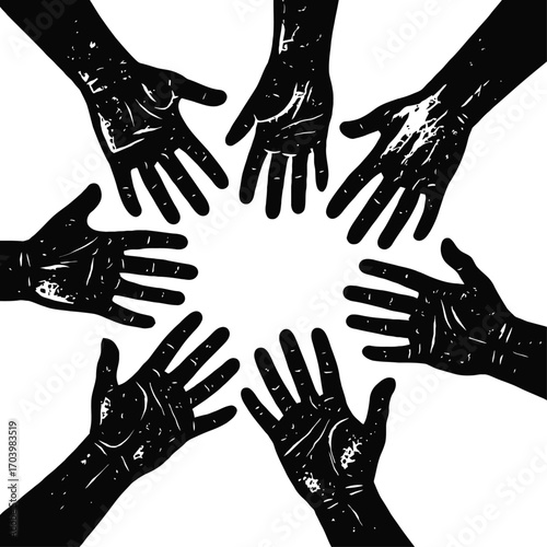 A powerful visual representation of diverse hands forming a united circle, symbolizing global community, collaborative teamwork, mutual support, and inclusive human connection; a stark, impactful blac