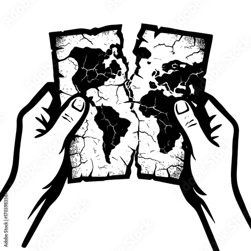 Powerful vector illustration of two hands gripping a deeply distressed, cracked, and ripped world map, starkly depicting global fragmentation, geopolitical turmoil, and the profound environmental chal
