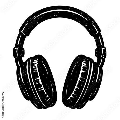 Monochrome Grunge Headphones Vector Illustration: Stylish Hand-Drawn Black & White Over-Ear Audio Device with Distressed Texture. Perfect for Music, DJ, Podcasting. Graphic Design Element, Icon, SEO-F