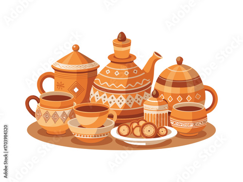 Collection of traditional ceramic pottery including teapots cups and bowls arranged artfully