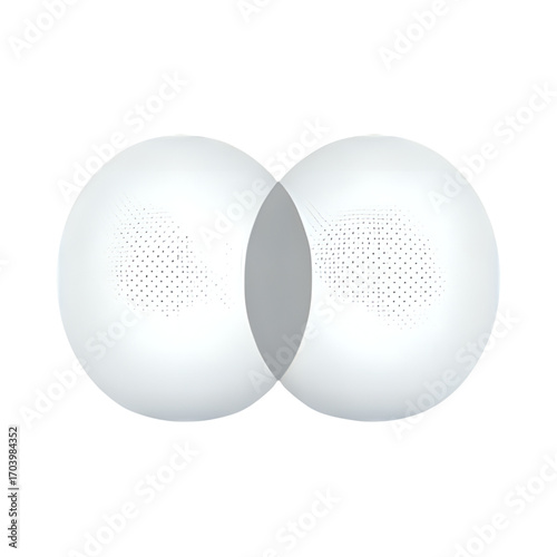 Two overlapping translucent spheres with subtle dotted patterns create a minimalist, abstract visual.