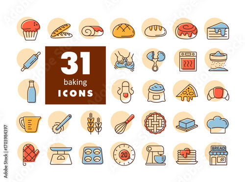 Baking Icons Set, Outline Style with Fill
