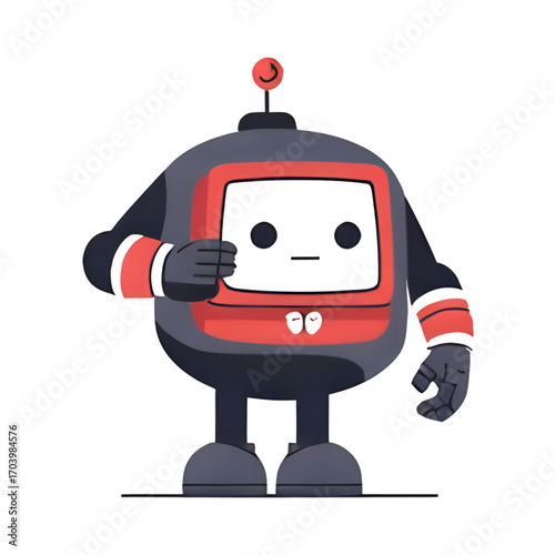 Friendly cartoon robot with a screen for a face, holding up a hand in a welcoming gesture.