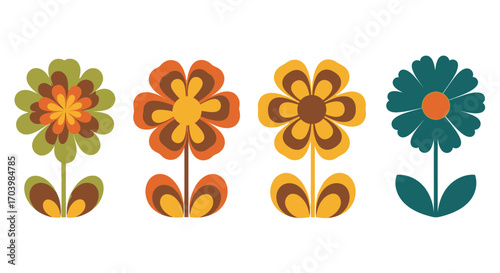 Retro style folk flowers with vibrant petals and simple stems grouped together vector