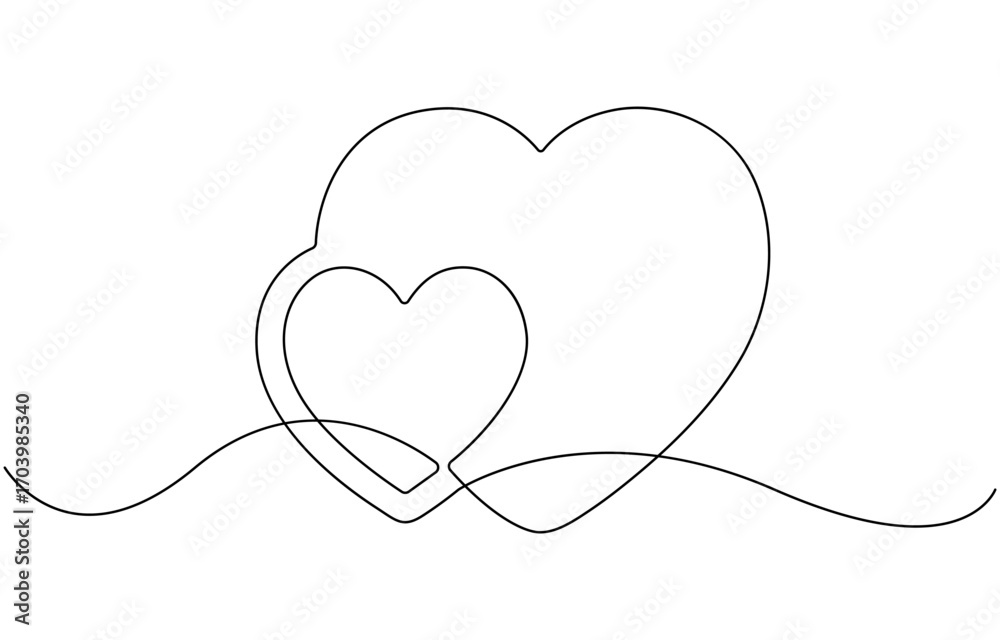 Fototapeta premium Continuous line drawing of two hearts.