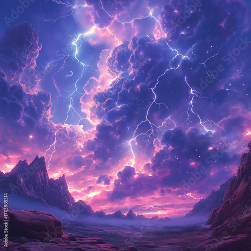 Epic Lightning Storm Over Fantasy Mountains at Sunset