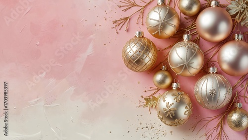 Elegant Christmas ornaments on soft pink background with foliage  
