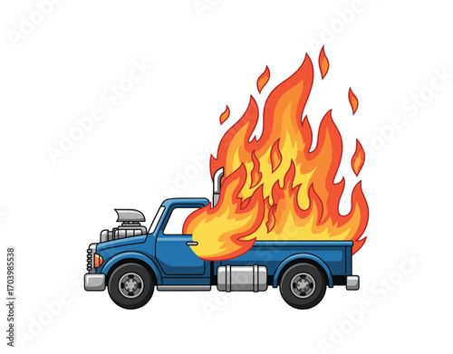 Truck on Fire Icon set against a transparent checkerboard background. This vector illustration is completely royalty-free and showcases the icon on a transparent checkerboard pattern.