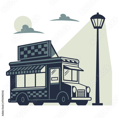 Print Food Truck Night Scene with Lamppost Light