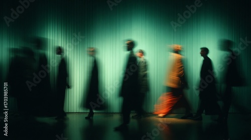 A group of blurred figures walking in a line against a green backdrop. The scene conveys movement and anonymity, emphasizing the concept of urban life.