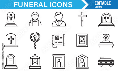Editable funeral line icons – religion, death, burial, mourning, and memorial remembrance illustrations
