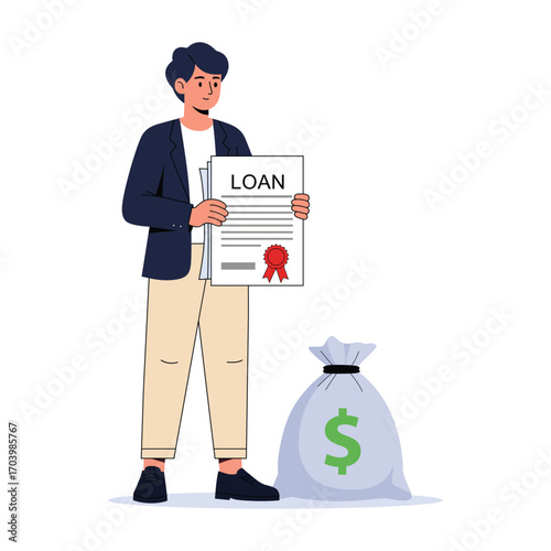 Man Holding Approved Loan Document Next to a Sack of Money Financial Illustration