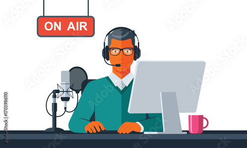 Professional Podcaster or Radio Host on Air with Microphone and Computer Illustration