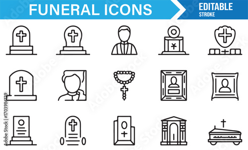 Editable vector funeral illustrations – tombstone, rosary, coffin, chapel, priest, hearse, and cross