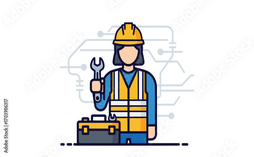 Construction Worker Holding Wrench with Toolbox and Background Design