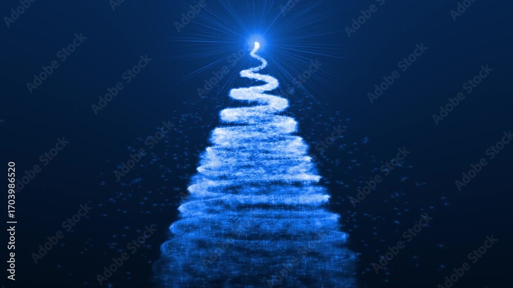 Christmas Blue New Year tree festive from bright glowing shiny beautiful particles and lines. Abstract background.