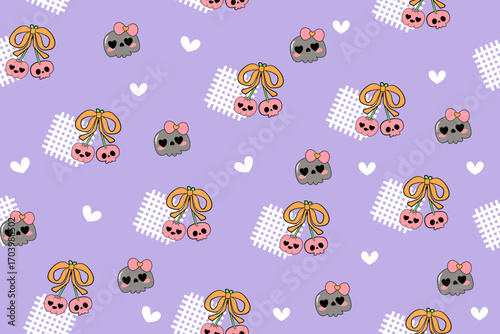 Coquette Halloween Ghost Cherries Seamless Pattern Retro Sweet and Spooky Ghost sheet with bow Doodle Repeat Background