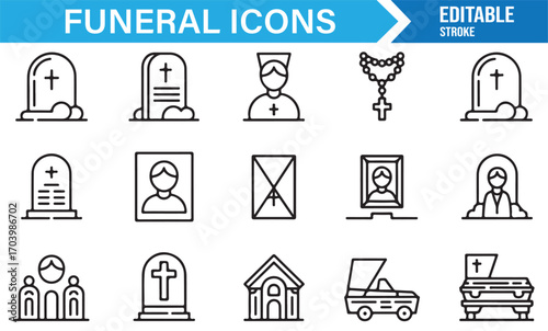 Editable funeral symbols – outline vector collection of mourning, religion, burial, and remembrance icons