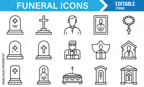 Vector funeral icons – tombstone, cross, rosary, coffin, hearse, priest, church, and memorial set