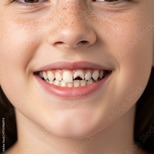 Broken tooth in a girl. Child smiling with a half-broken front tooth, photography close-up