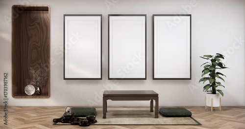 Chabudai japan traditional low table and decoration on minimal Japandi room japan style.3D rendering